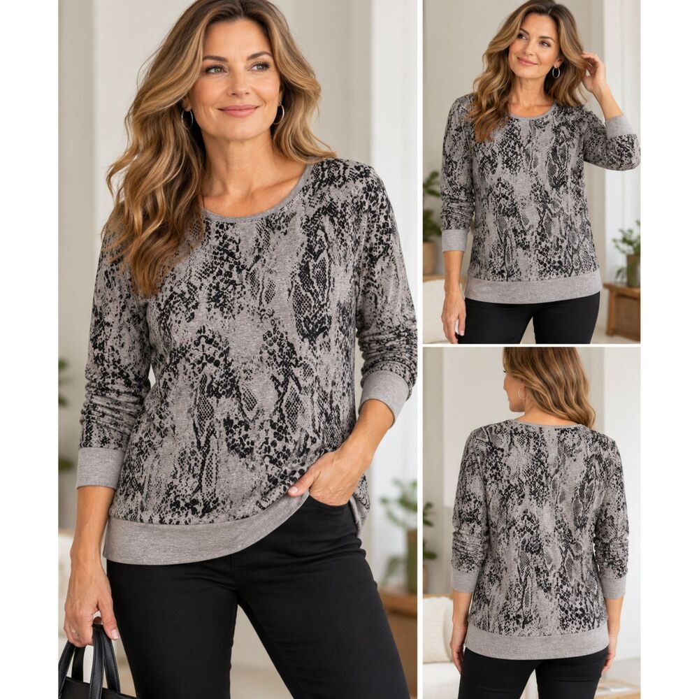 Chico’s Zenergy Gray Black Snakeskin Print Long Sleeve Top Size 8/10